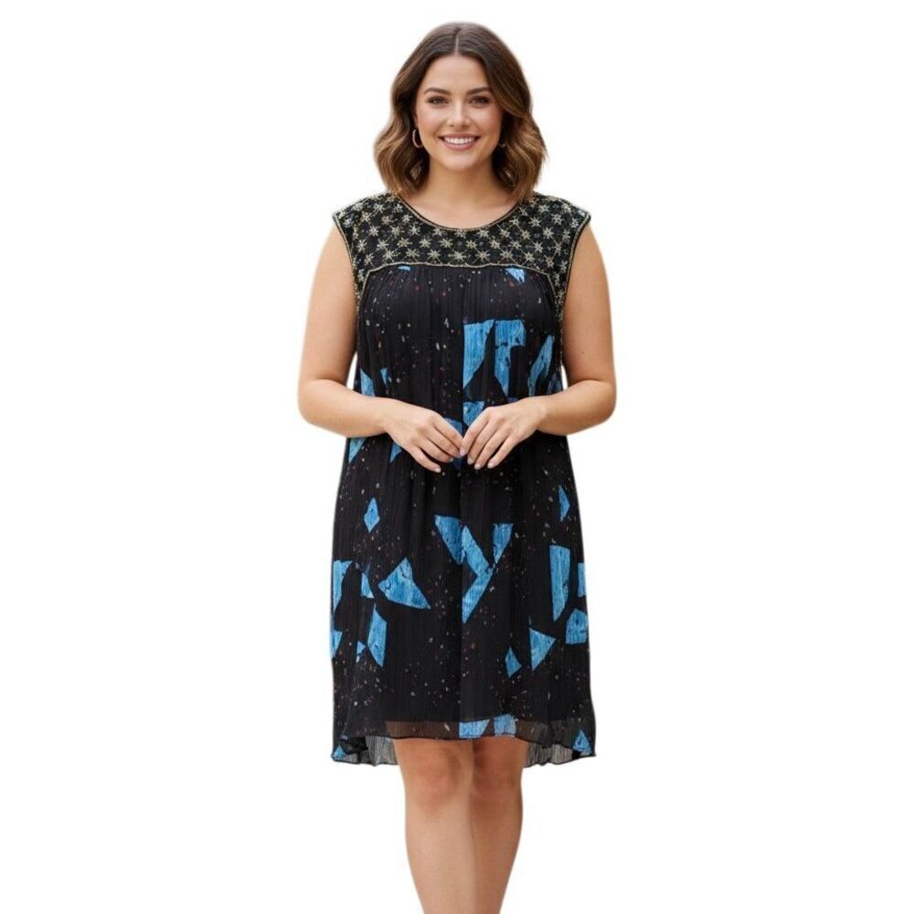 Anthropologie MoulinetteโSoeurs Dress Beaded Crinkle Lined Swing Sleeveless Blac